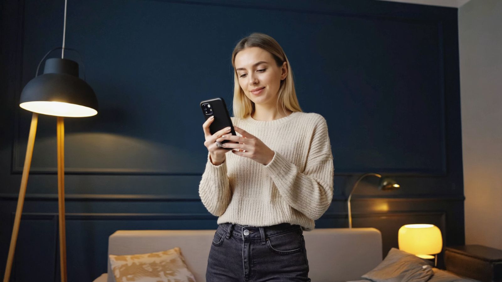 Žena v mobilní aplikaci ovládá chytré svítidlo