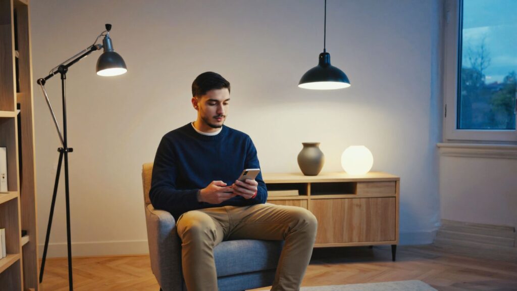 Muž sedí v křesle a na telefonu nastavuje chytrá svítidla