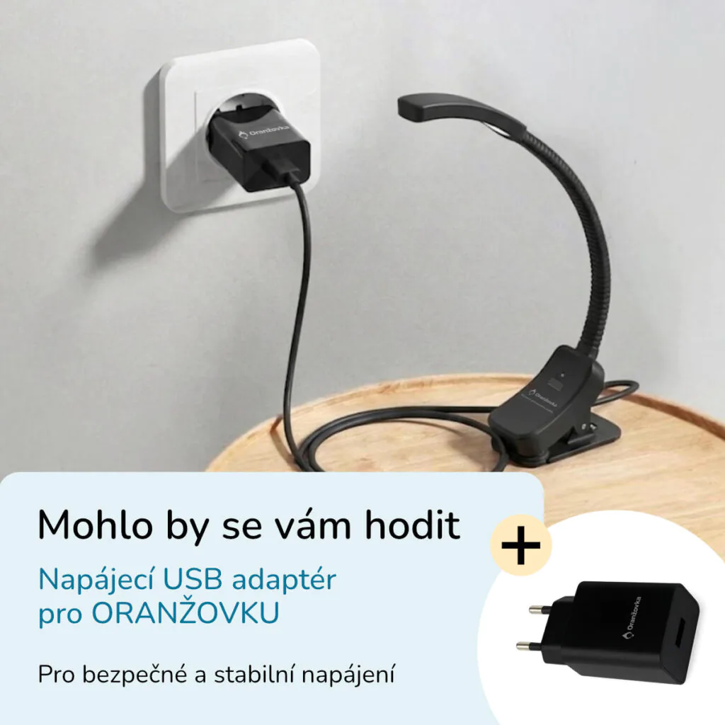 LED lampa na čtení ORANŽOVKA bez modrého světla a adaptér pro nabíjení