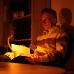 Starší muž si čte knížku a svítí si večerní LED lampičkou ORANŽOVKA