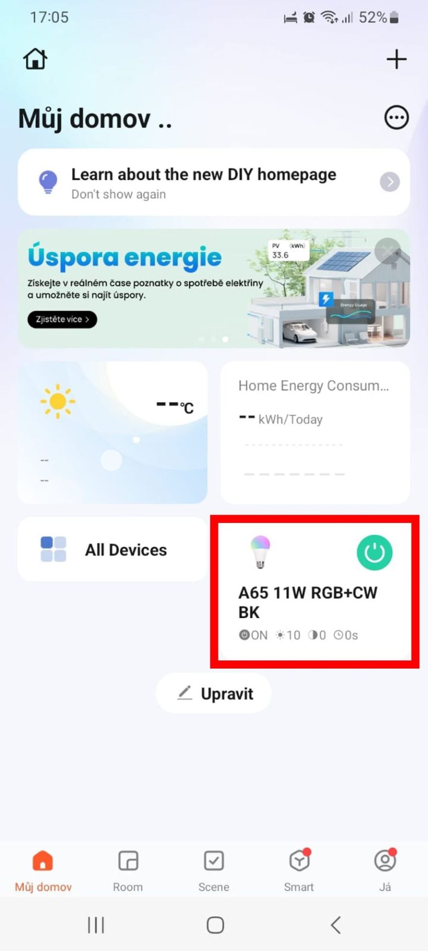Domovská stránka aplikace Tuya Smart s přidaným zařízením