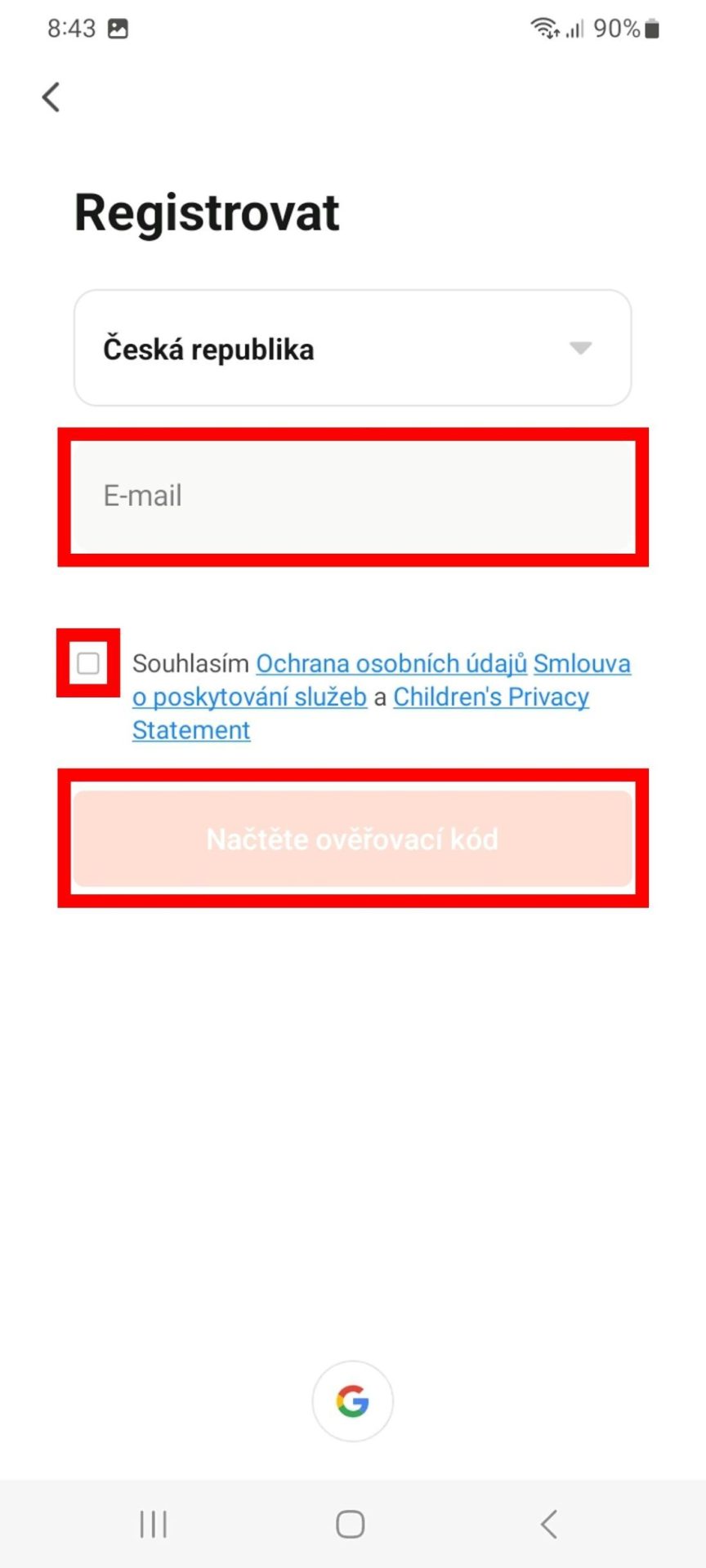Nastavení e-mailu při registraci v mobilní aplikaci Tuya