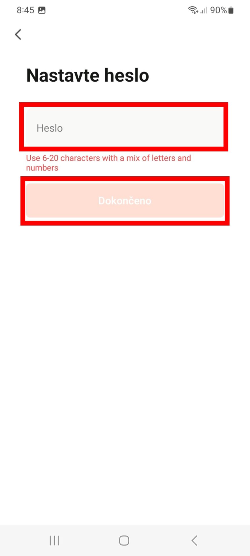Vložení e-mailu při registraci v aplikaci Tuya Smart