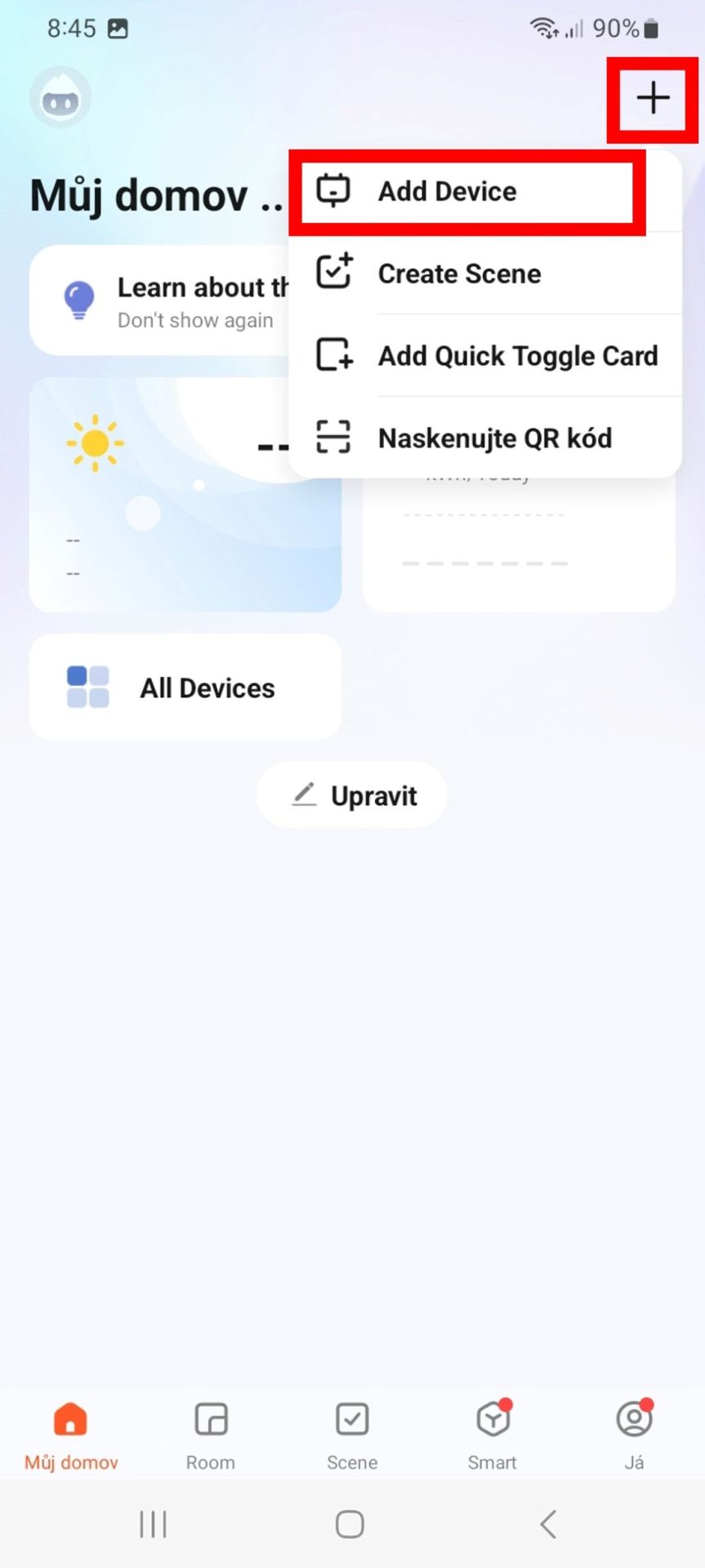 Přidání nového zařízení v aplikaci Tuya Smart