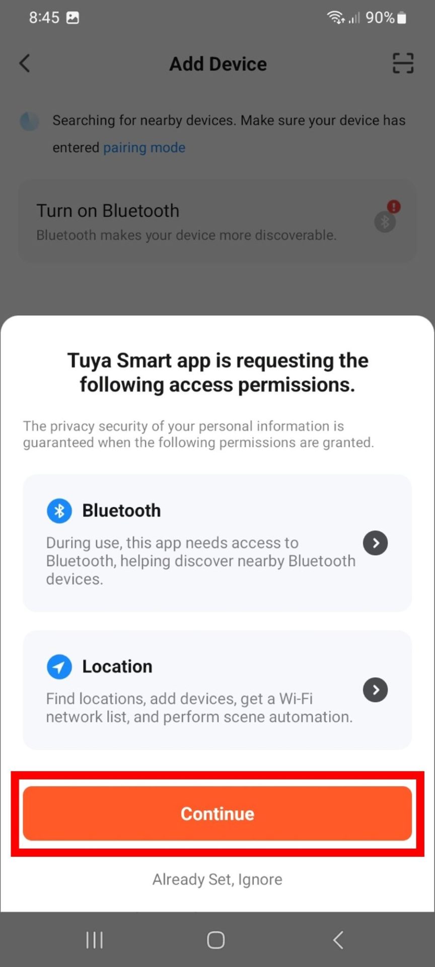 Povolení Bluetooth a Lokace v aplikaci Tuya Smart