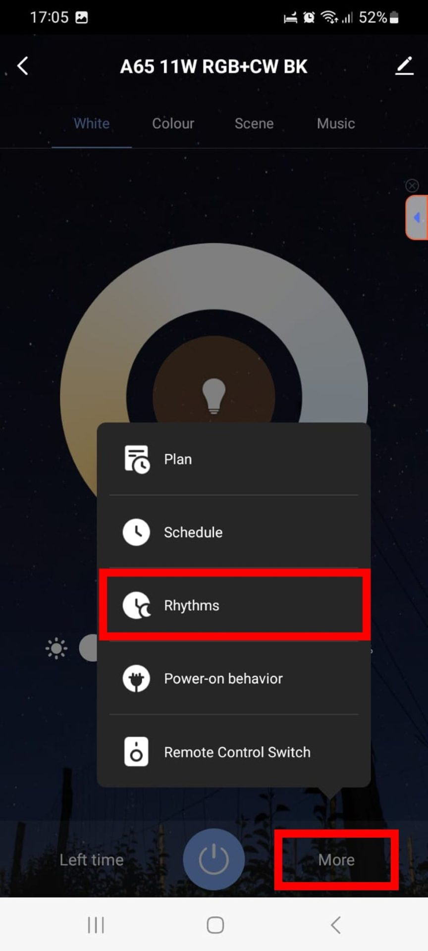Aplikace Tuya Smart nastavení rytmu.