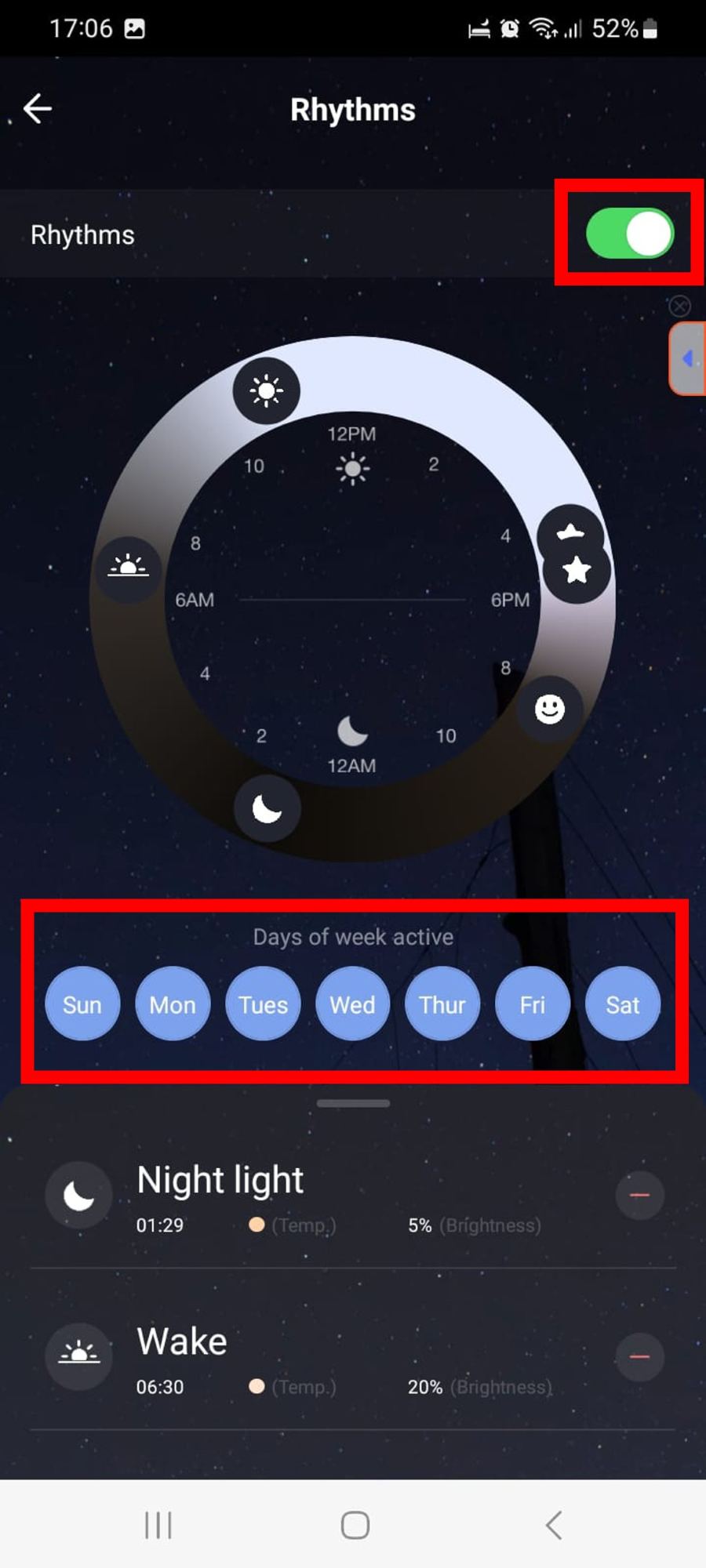 Aplikace Tuya Smart nastavení rytmu.