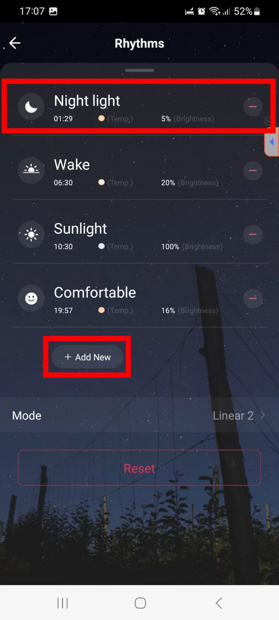 Aplikace Tuya Smart nastavení rytmu.