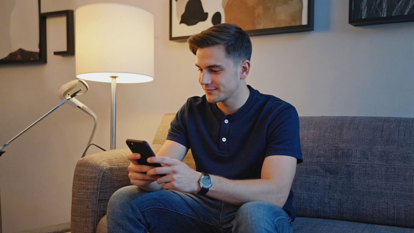Muž sedí na gauči a nastavuje chytrou lampu na mobilním telefonu.