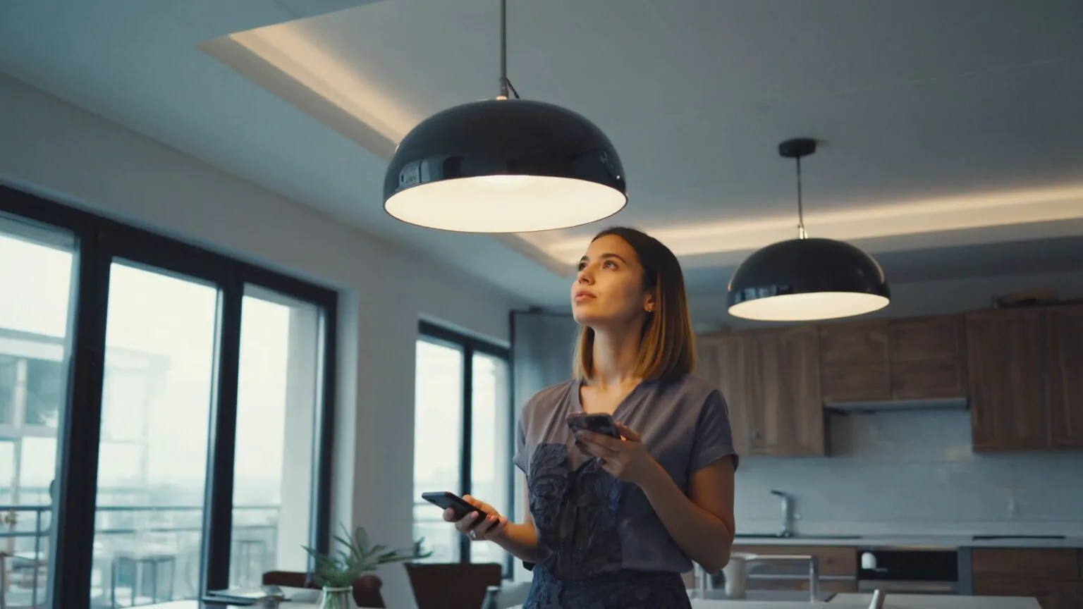 Žena má v každé ruce telefon a kouká se nahoru na lustr a za ní svítí světlo