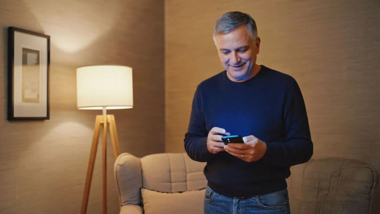 Muž se dívá do telefonu a za ním svítí lampa