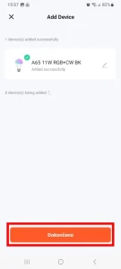 Potvrzení přidání žárovky v mobilní aplikaci Tuya Smart