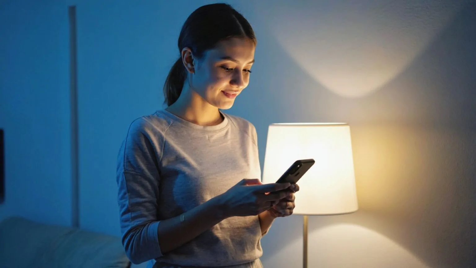 Žena kouká do mobilu a za ní svítí lampa